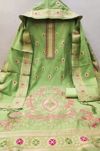 pista green chanderi cotton dress material