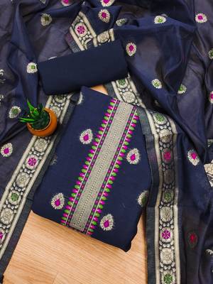 navy blue chanderi cotton dress material 3