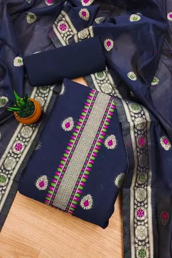 navy blue chanderi cotton dress material