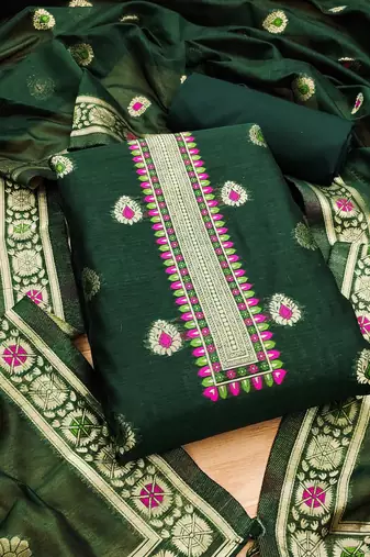 bottle green chanderi cotton 3 piece dress material