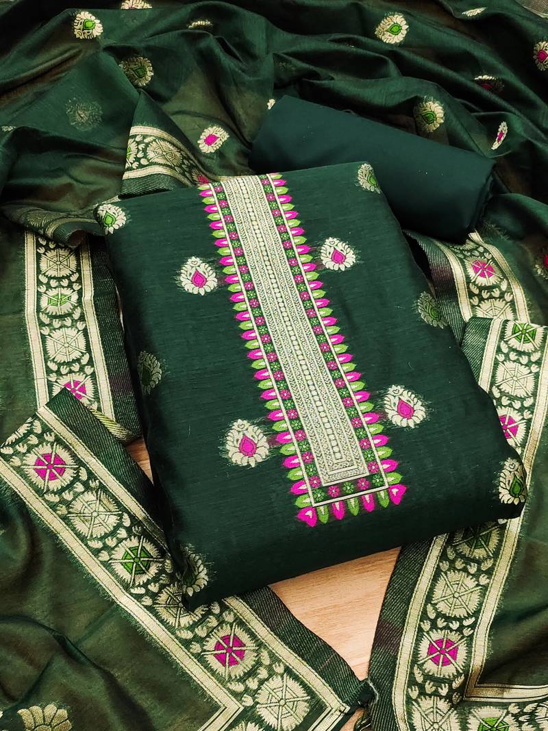 bottle green chanderi cotton 3 piece dress material