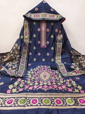 navy blue chanderi cotton dress material 4