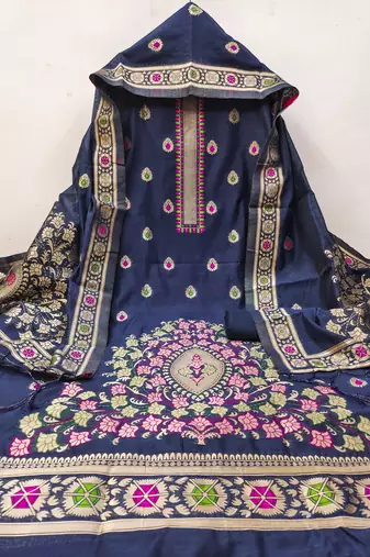 navy blue chanderi cotton dress material