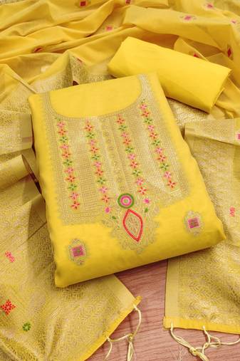 yellow chanderi cotton 3 piece dress material