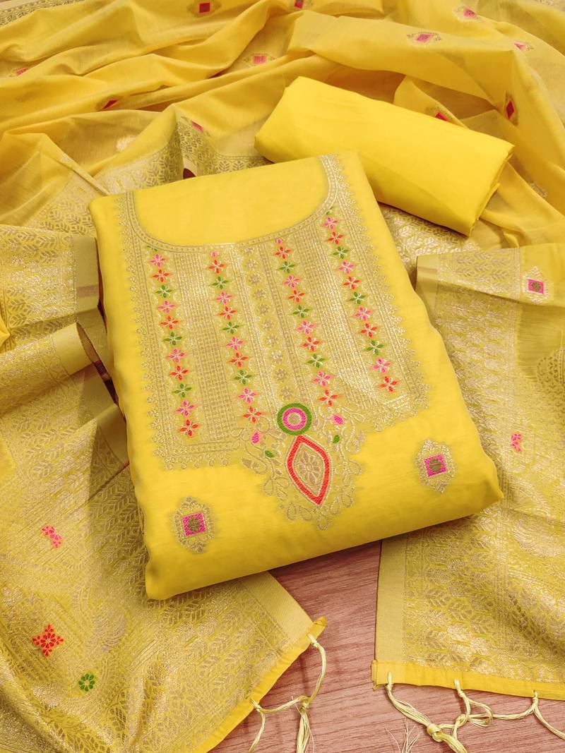 yellow chanderi cotton 3 piece dress material
