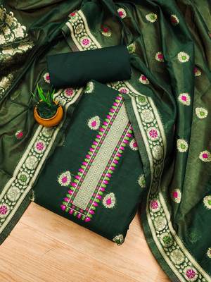 bottle green chanderi cotton dress material 3