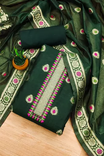 bottle green chanderi cotton dress material