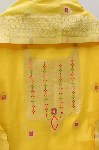 yellow chanderi cotton dress material