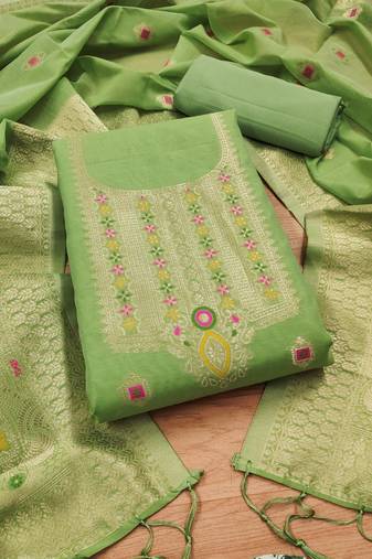 pista green chanderi cotton 3 piece dress material