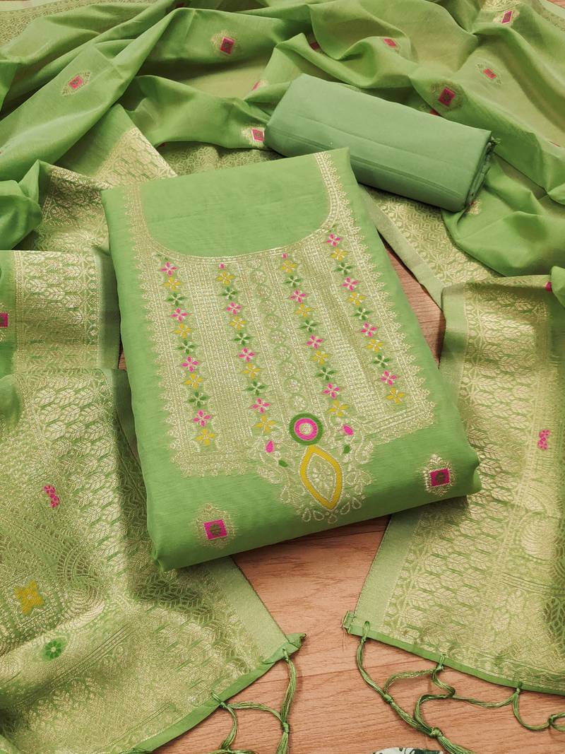 pista green chanderi cotton 3 piece dress material