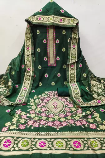 bottle green chanderi cotton dress material