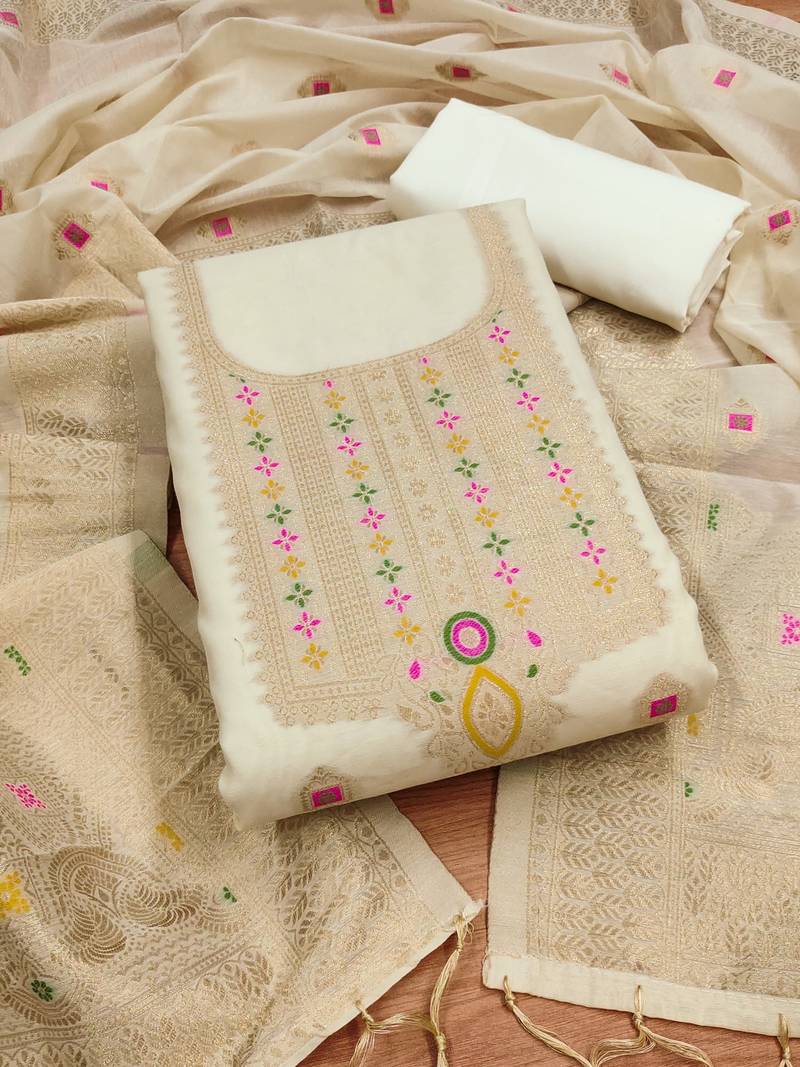 white chanderi cotton 3 piece dress material