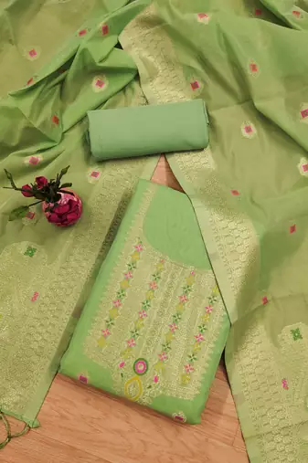 pista green chanderi cotton dress material