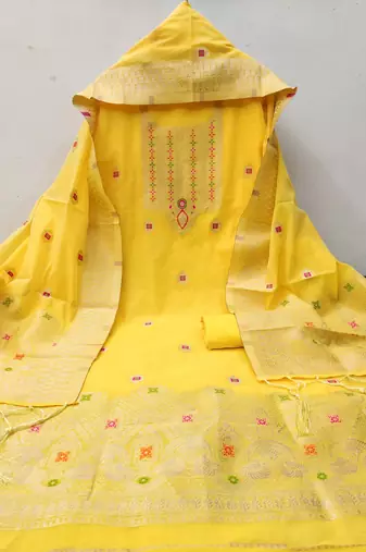 yellow chanderi cotton dress material