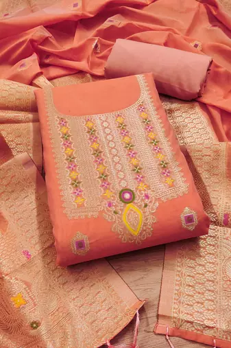 peach chanderi cotton 3 piece dress material