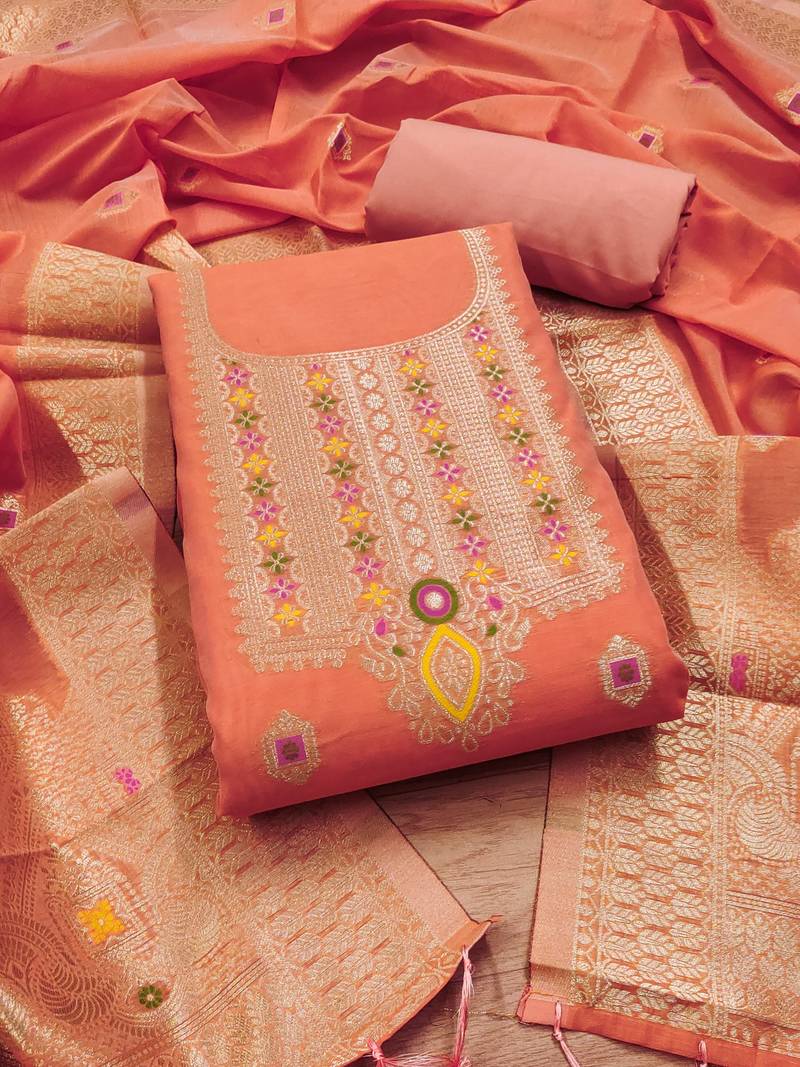 peach chanderi cotton 3 piece dress material