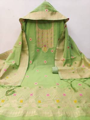 pista green chanderi cotton dress material 4