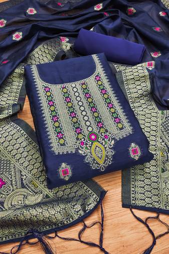 navy blue chanderi cotton 3 piece dress material