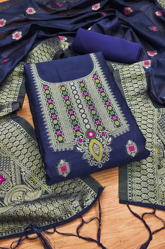 navy blue chanderi cotton 3 piece dress material