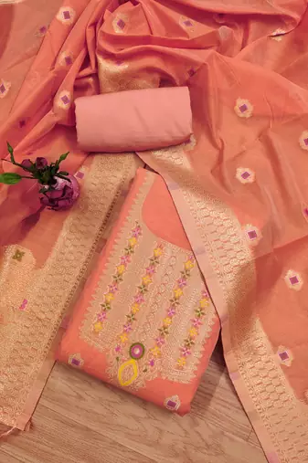 peach chanderi cotton dress material
