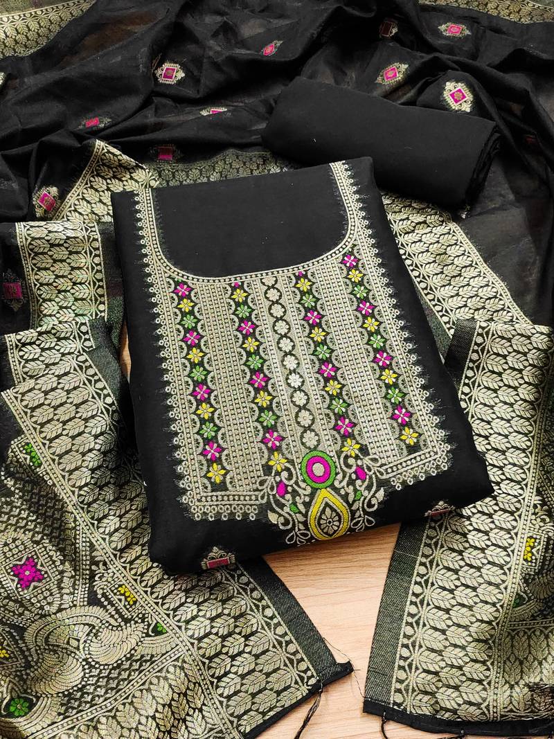 black chanderi cotton 3 piece dress material