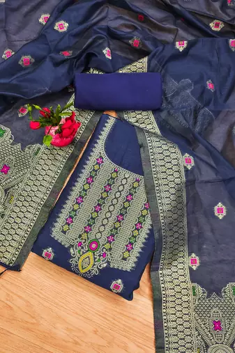 navy blue chanderi cotton dress material