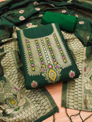 bottle green chanderi cotton dress material 1