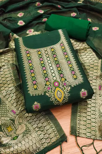 bottle green chanderi cotton 3 piece dress material