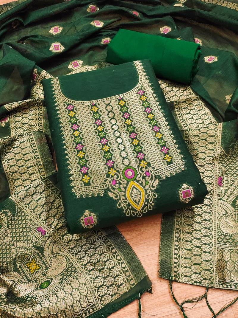 bottle green chanderi cotton 3 piece dress material