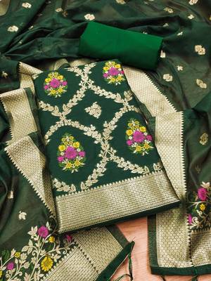 bottle green zari weaving chanderi cotton 3-piece dress material 1