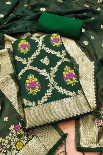 bottle green zari weaving chanderi cotton 3-piece dress material