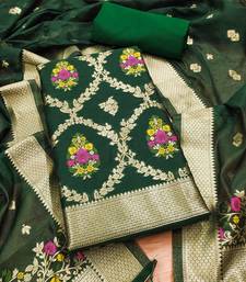 bottle green zari weaving chanderi cotton 3-piece dress material