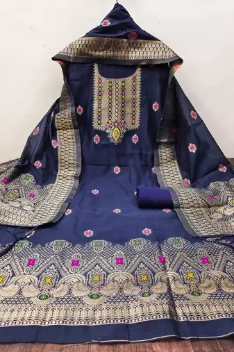 navy blue chanderi cotton dress material