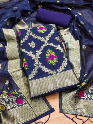 navy blue chanderi cotton 3 piece dress material 1