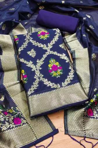 navy blue chanderi cotton 3 piece dress material