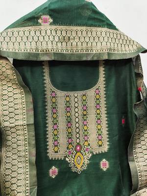 bottle green chanderi cotton dress material 2