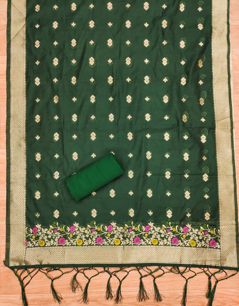 bottle green zari weaving chanderi cotton 3-piece dress material
