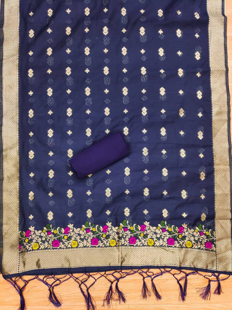 navy blue chanderi cotton 3 piece dress material