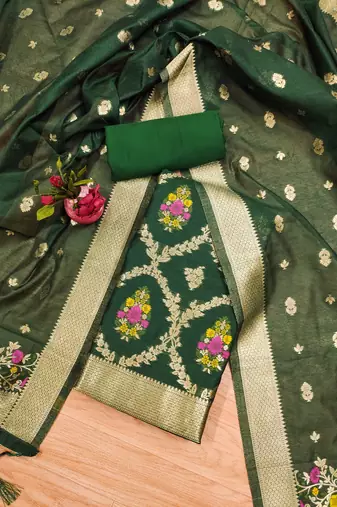 bottle green zari weaving chanderi cotton 3-piece dress material