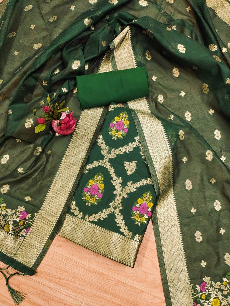 bottle green zari weaving chanderi cotton 3-piece dress material