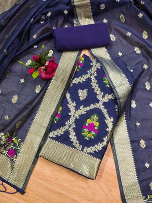 navy blue chanderi cotton 3 piece dress material 3