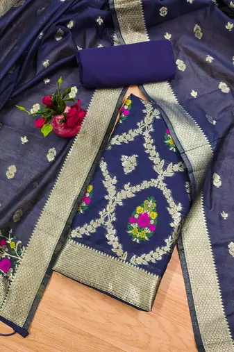 navy blue chanderi cotton 3 piece dress material