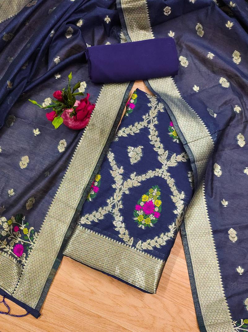 navy blue chanderi cotton 3 piece dress material