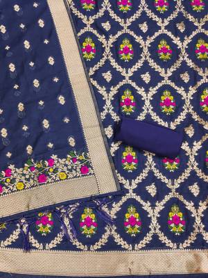 navy blue chanderi cotton 3 piece dress material 4