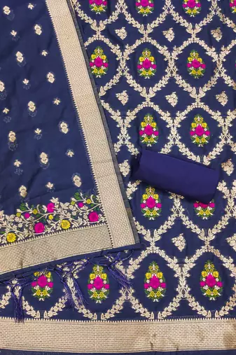 navy blue chanderi cotton 3 piece dress material