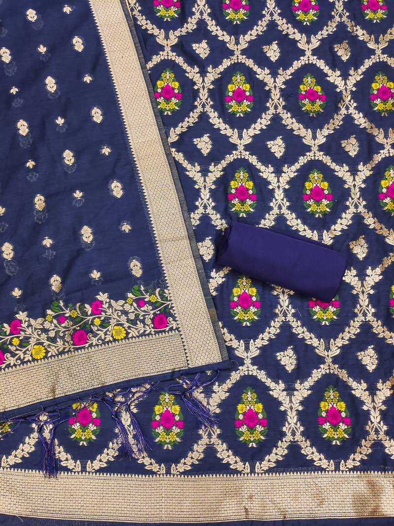 navy blue chanderi cotton 3 piece dress material