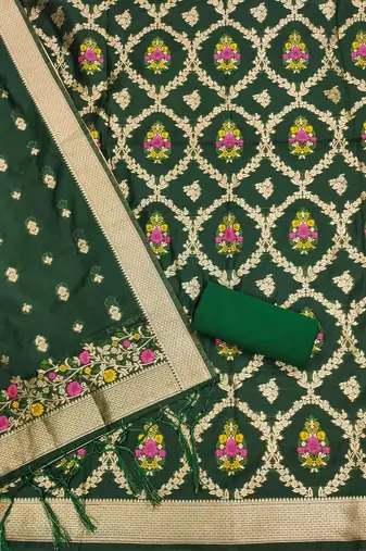 bottle green zari weaving chanderi cotton 3-piece dress material