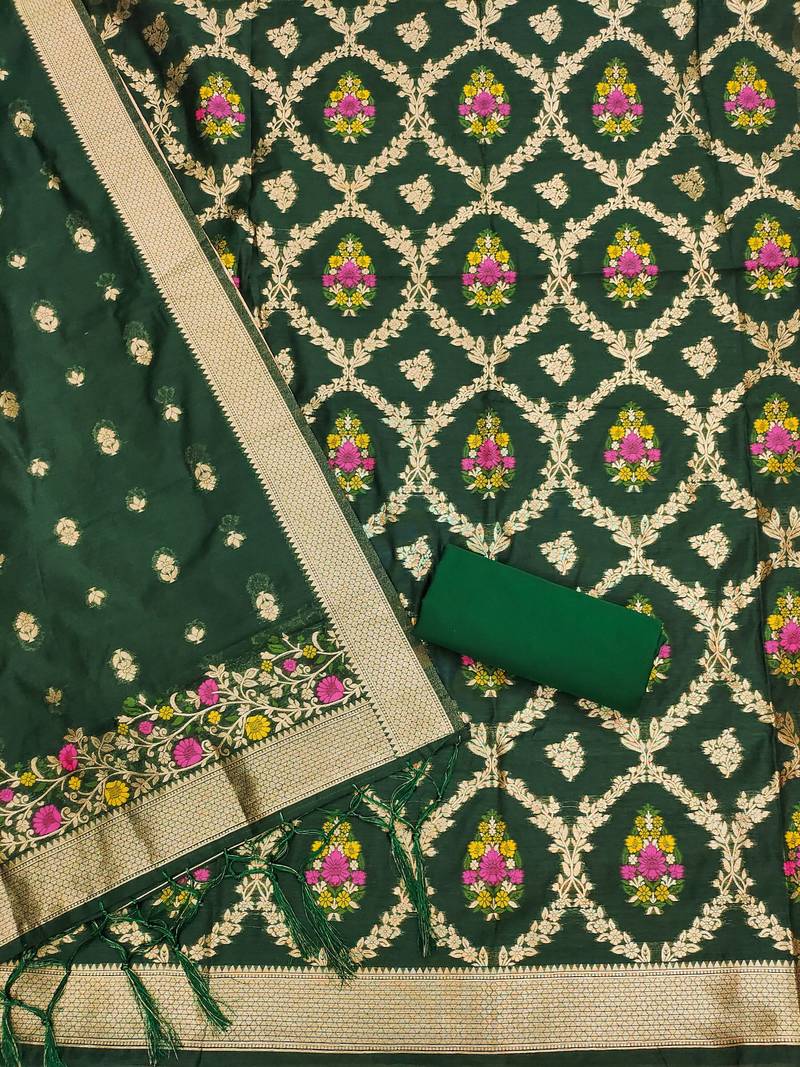 bottle green zari weaving chanderi cotton 3-piece dress material