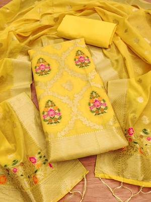 yellow chanderi cotton 3 piece dress material 1