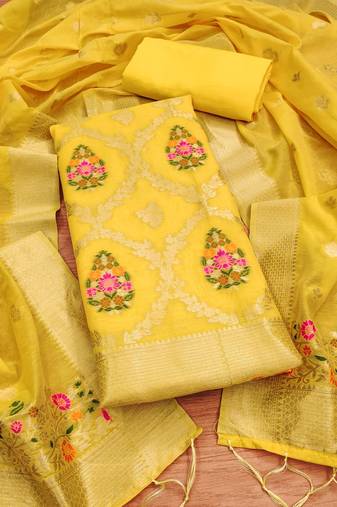 yellow chanderi cotton 3 piece dress material